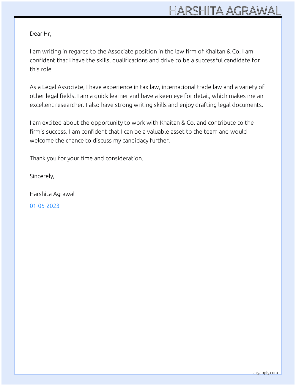 Associate in law firm At Khaitan & Co. Cover Letter