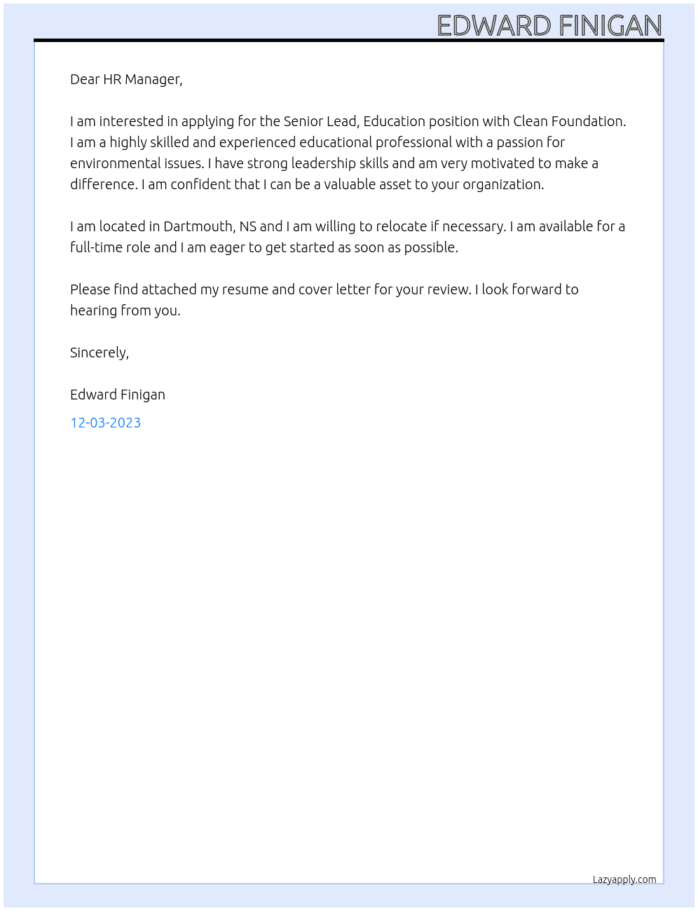 Senior Lead, Education At Clean Foundation Cover Letter