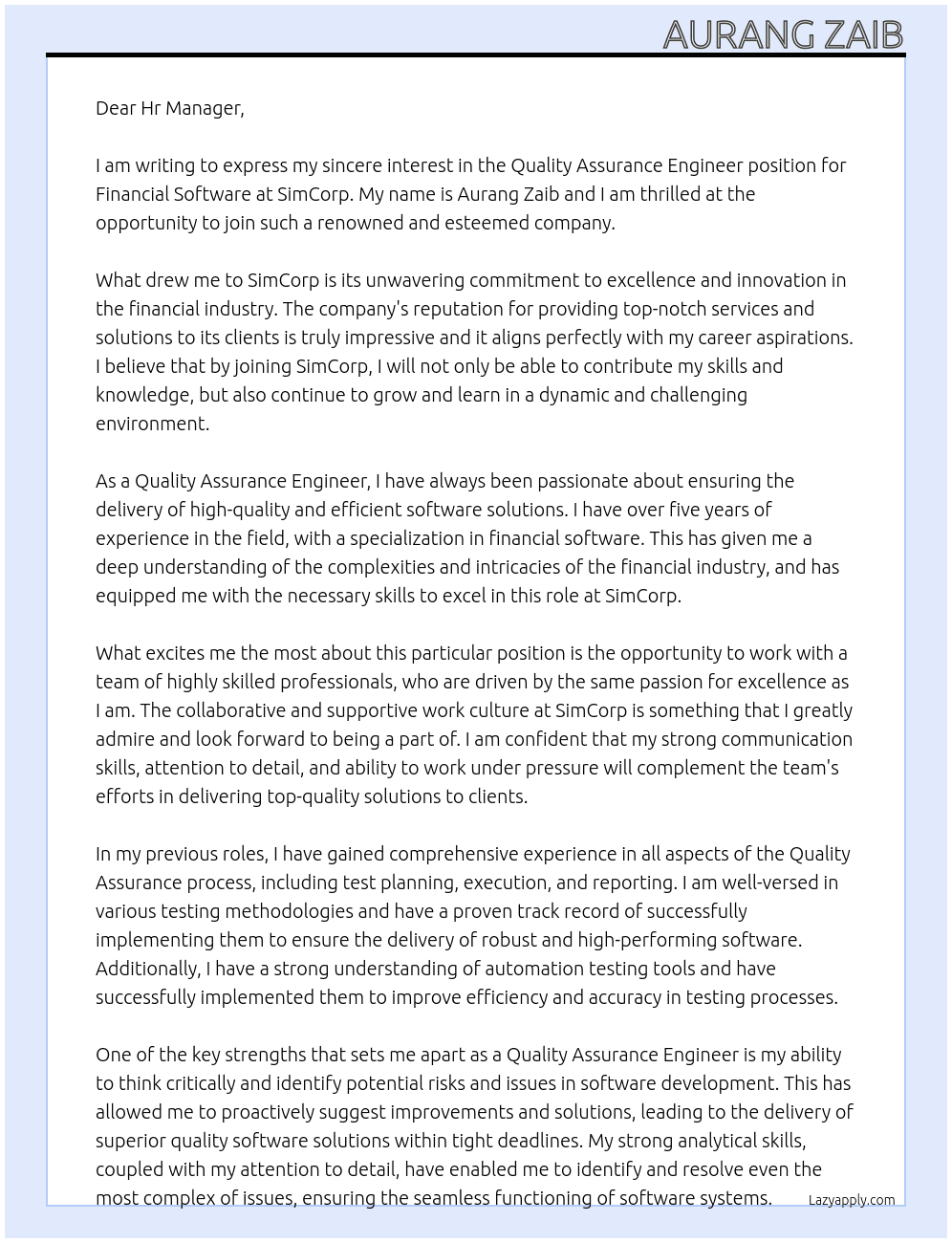 Quality Assurance Engineer for Financial Software At SimCorp Cover Letter