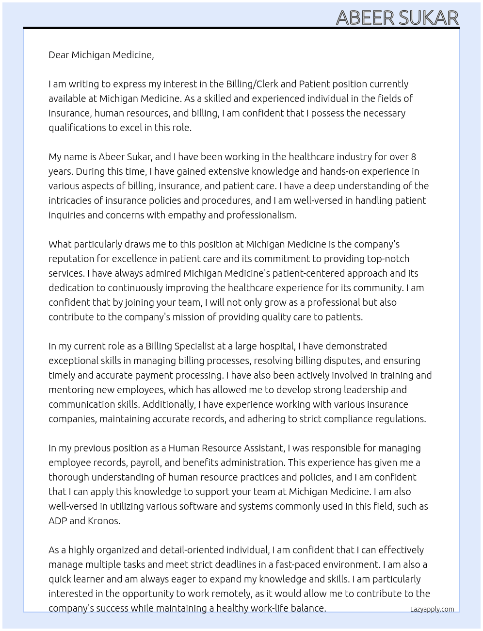 billing/clk and patient At Michigan Medicine Cover Letter