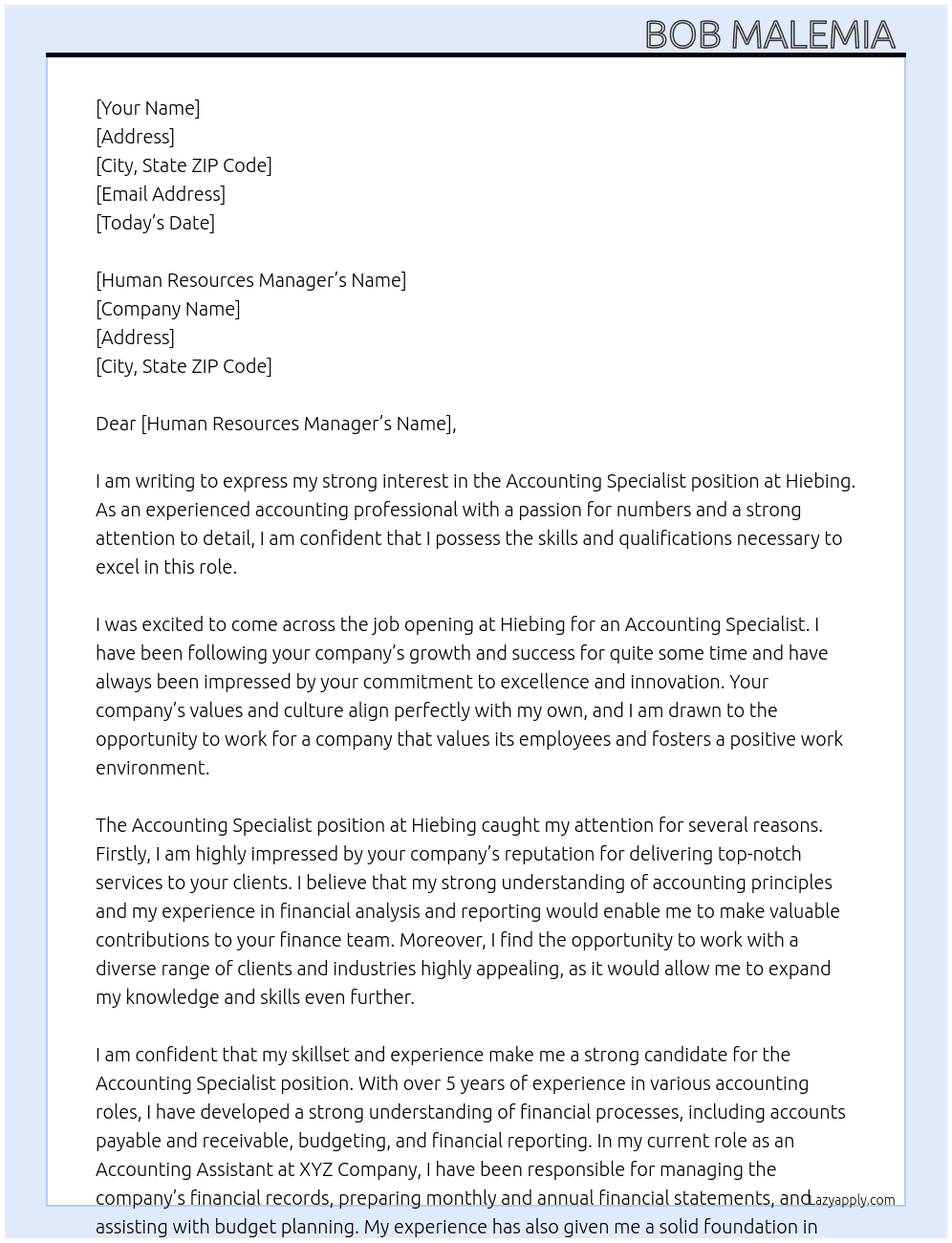 Accounting specialist  At Hiebing Cover Letter