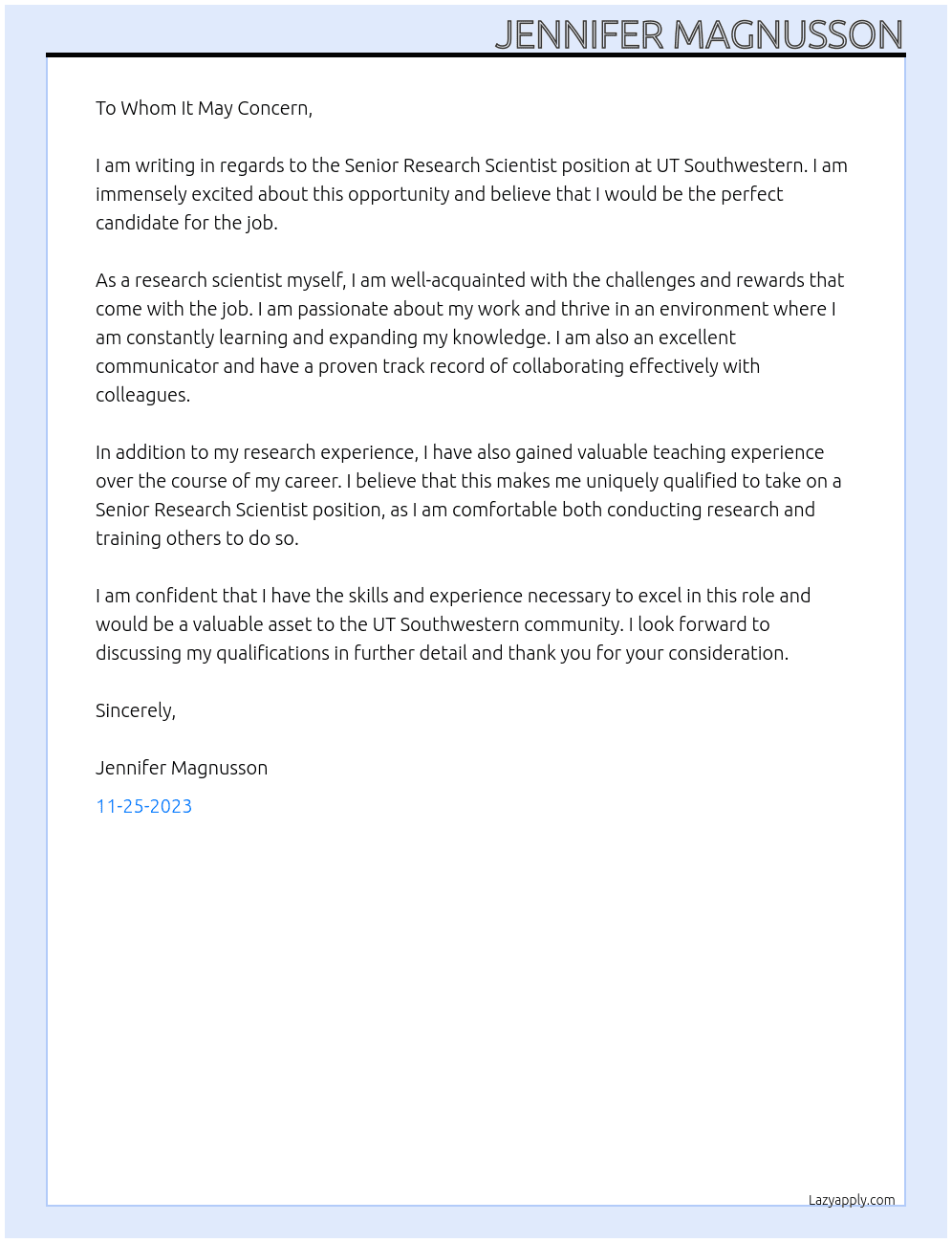 Senior Research Scientist At UT Southwestern Cover Letter