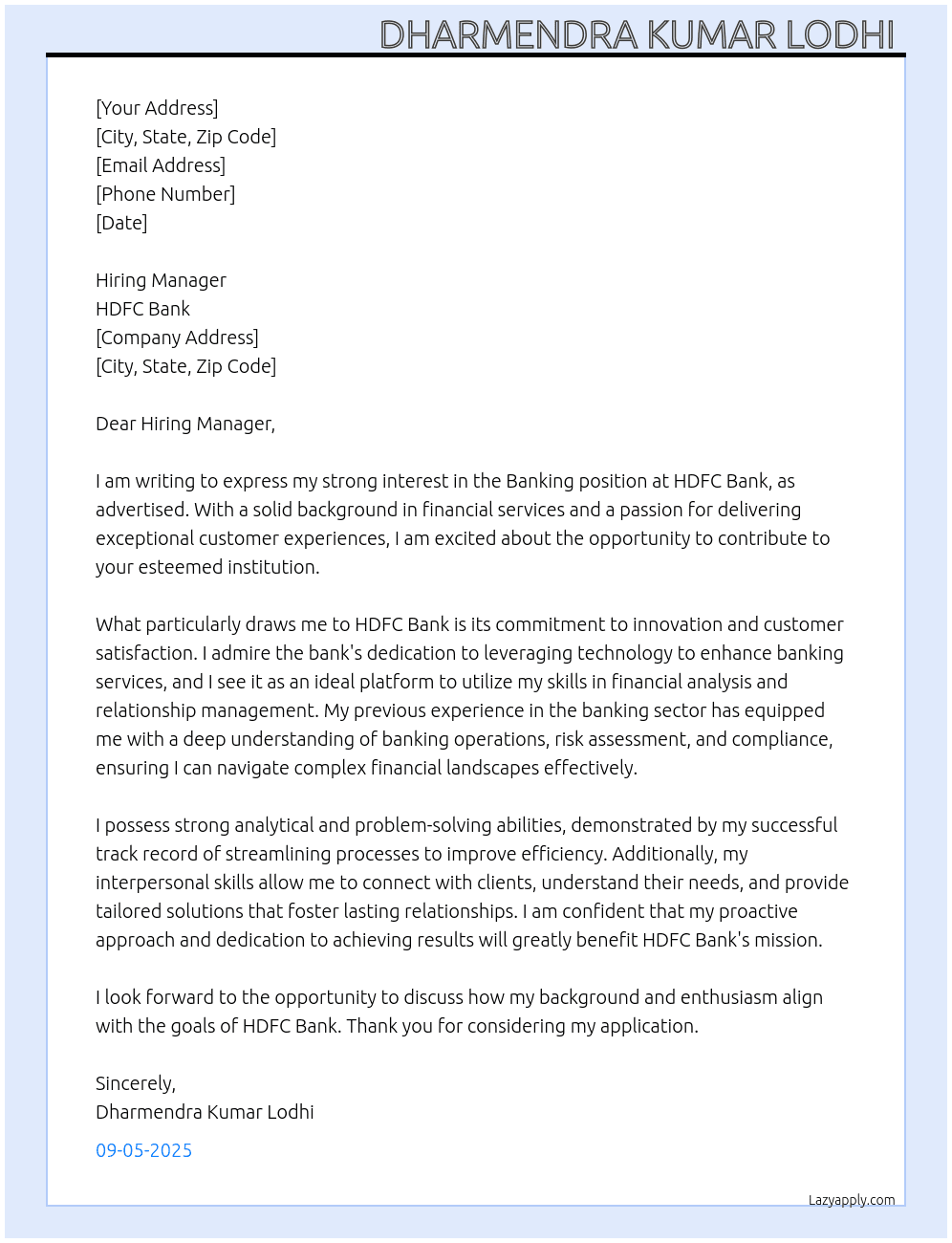 Banking  At HDFC bank  Cover Letter