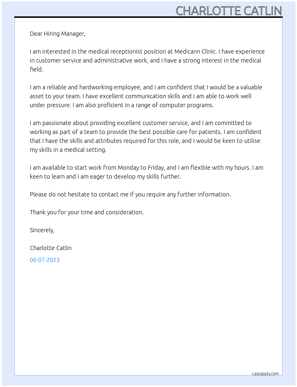 Medical receptionist At Medicann Clinic Cover Letter