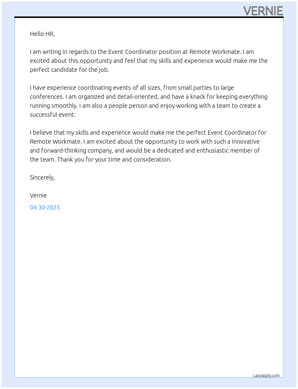 Event Coordinator At Remote Workmate Cover Letter