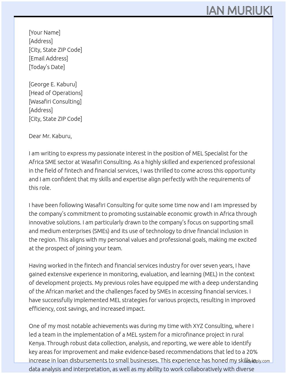 MEL Specialist Africa SME sector / fintech / financial services At Wasafiri Consulting Cover Letter