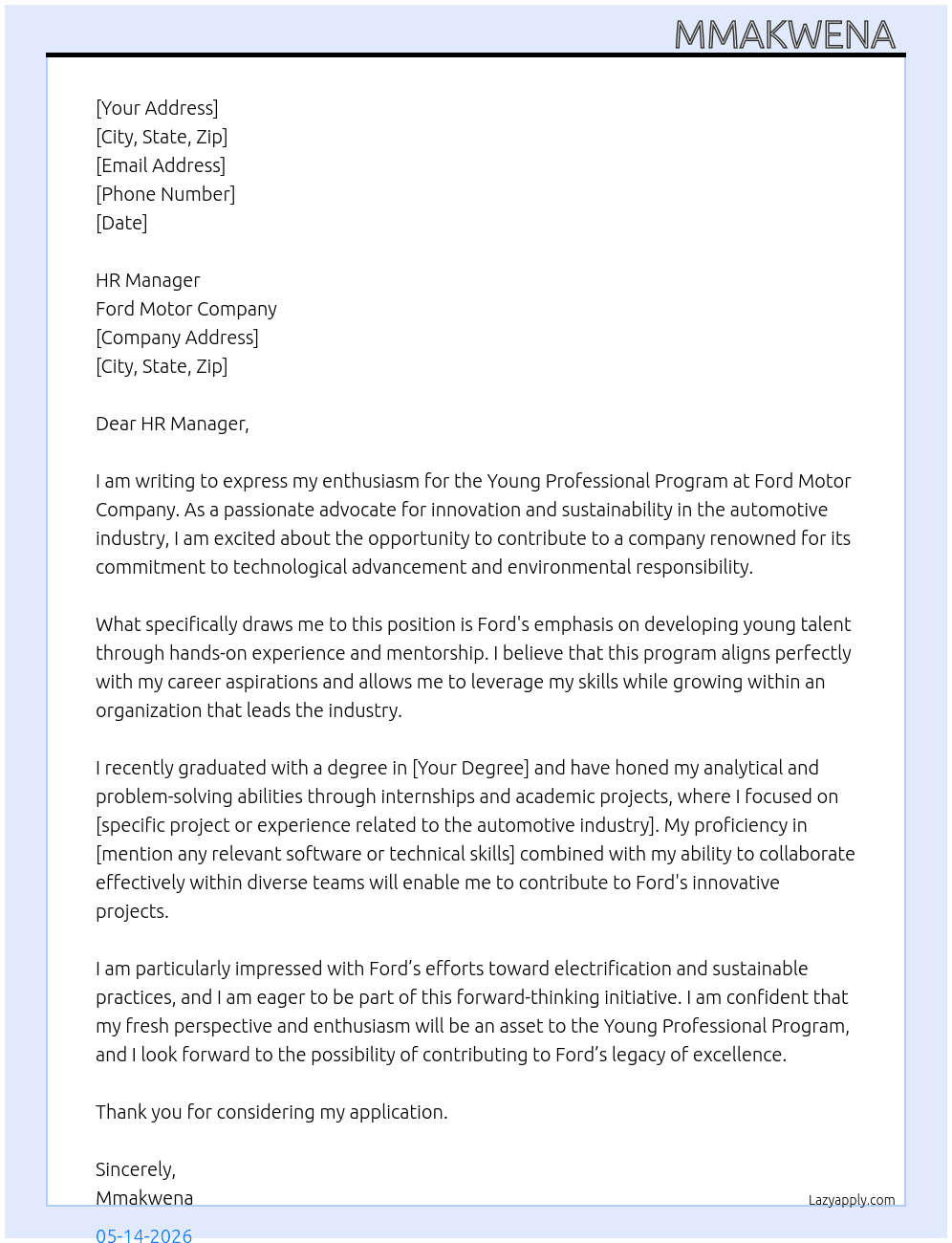 Young professional program  At Ford motor company  Cover Letter