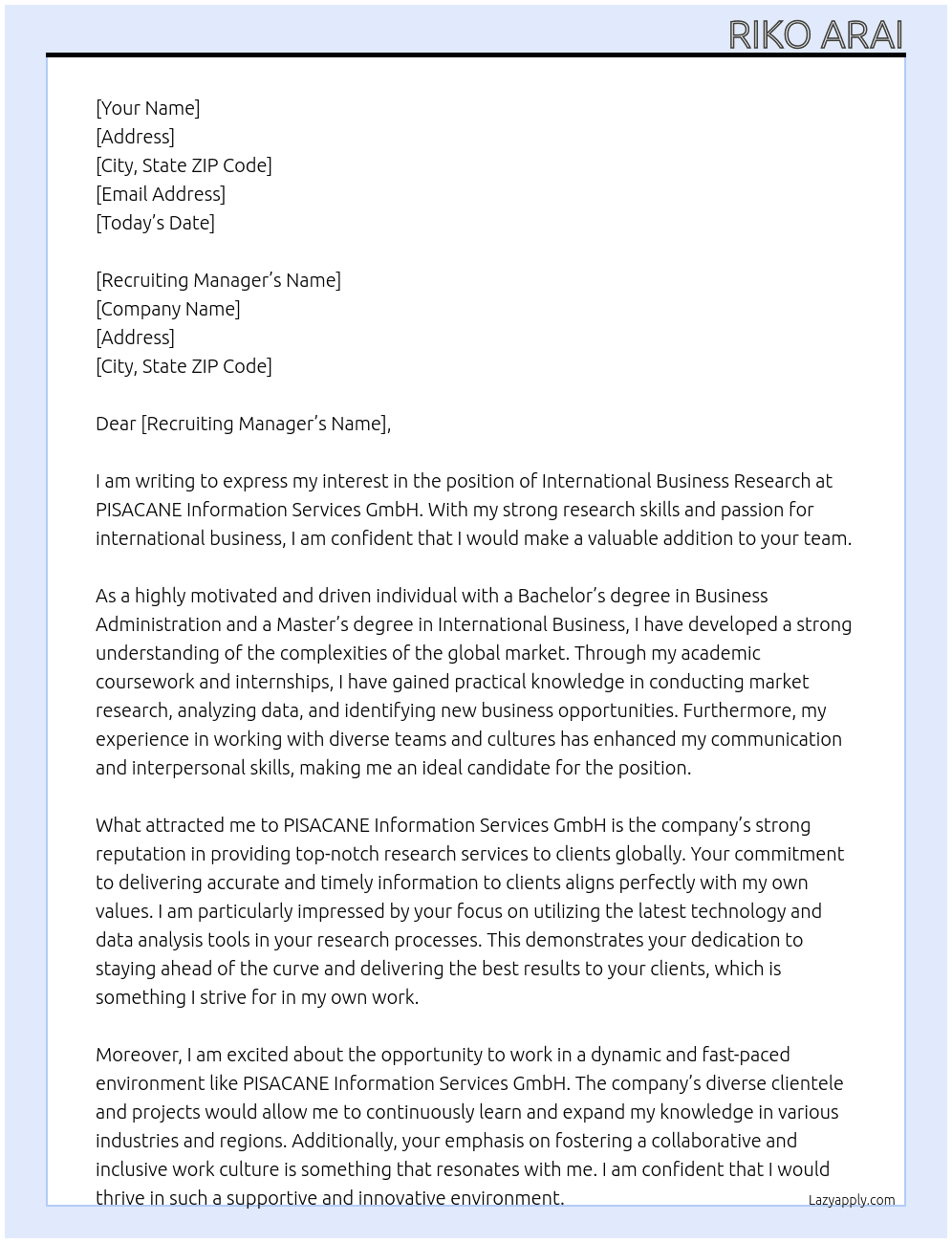International Business Research At PISACANE Information Services GmbH Cover Letter