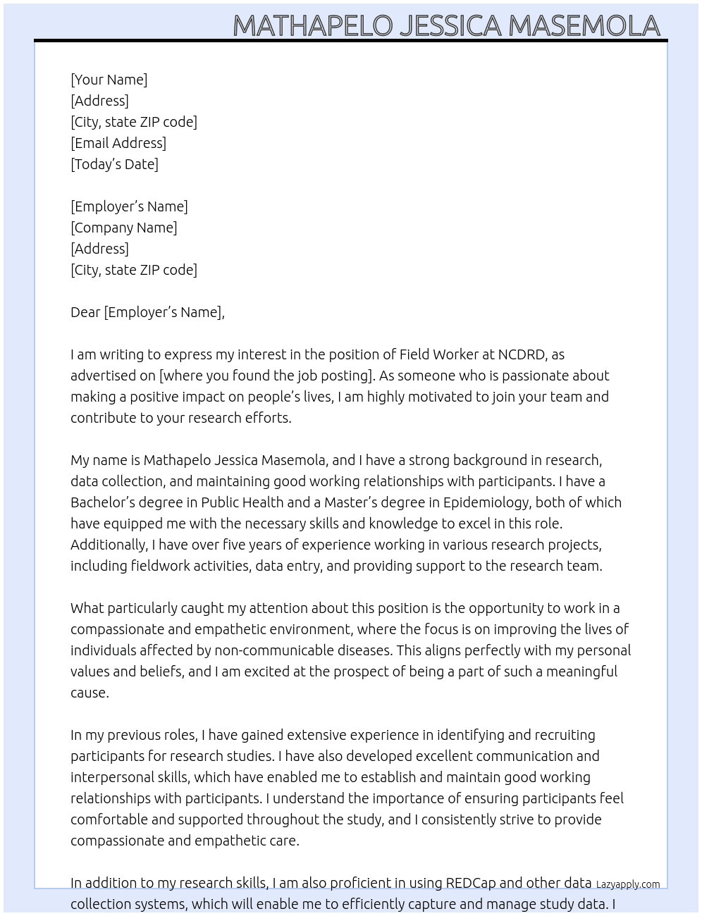 field worker  At NCDRD Cover Letter