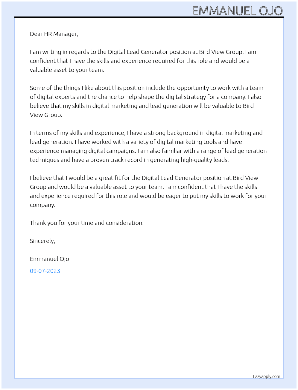 Digital Lead Generator At Bird View Group Cover Letter