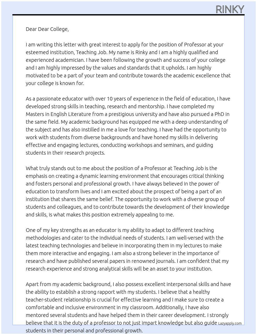 professor At TEACHING JOB Cover Letter