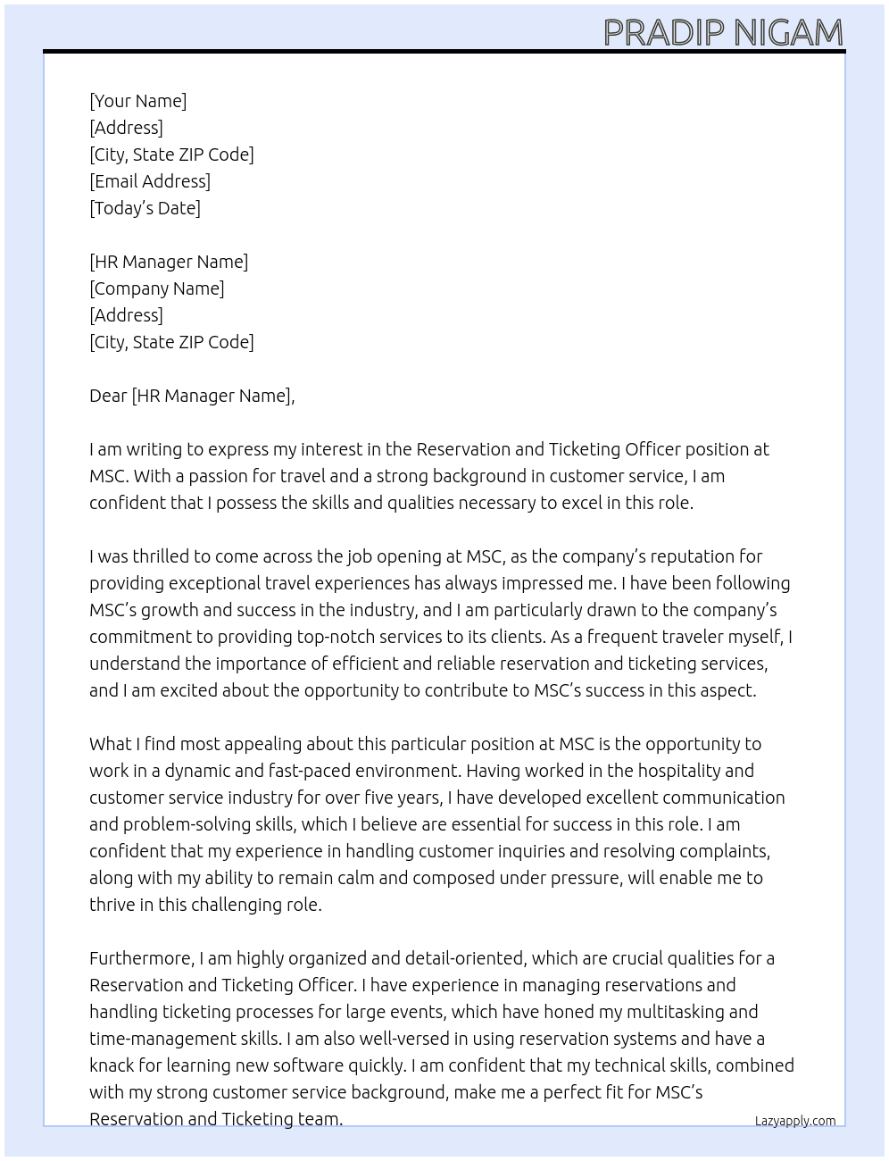 Cover letter for reservation and ticketing officer - LazyApply