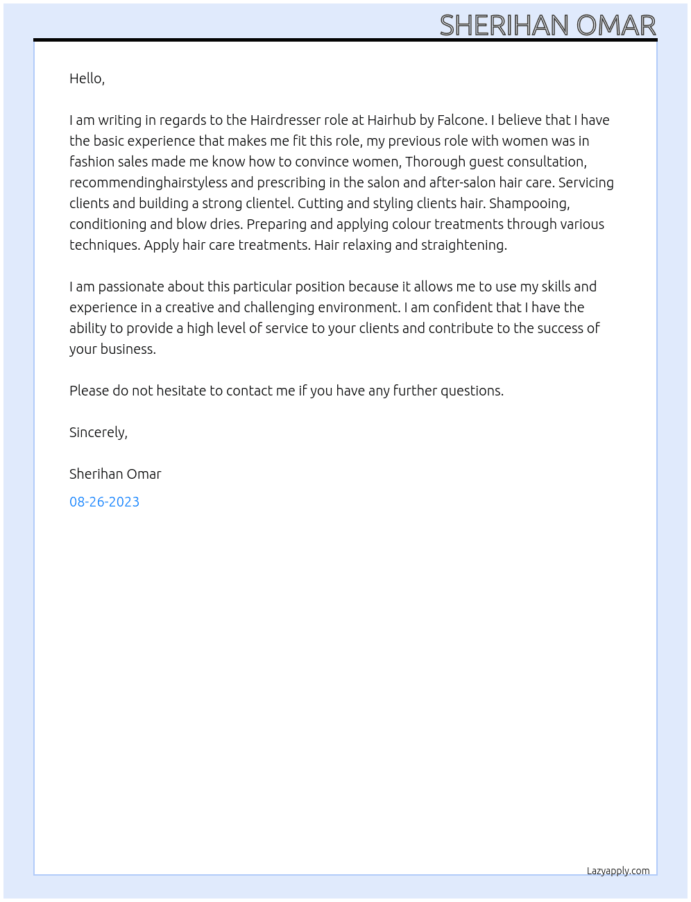 Hairdresser At Hairhub by Falcone Cover Letter