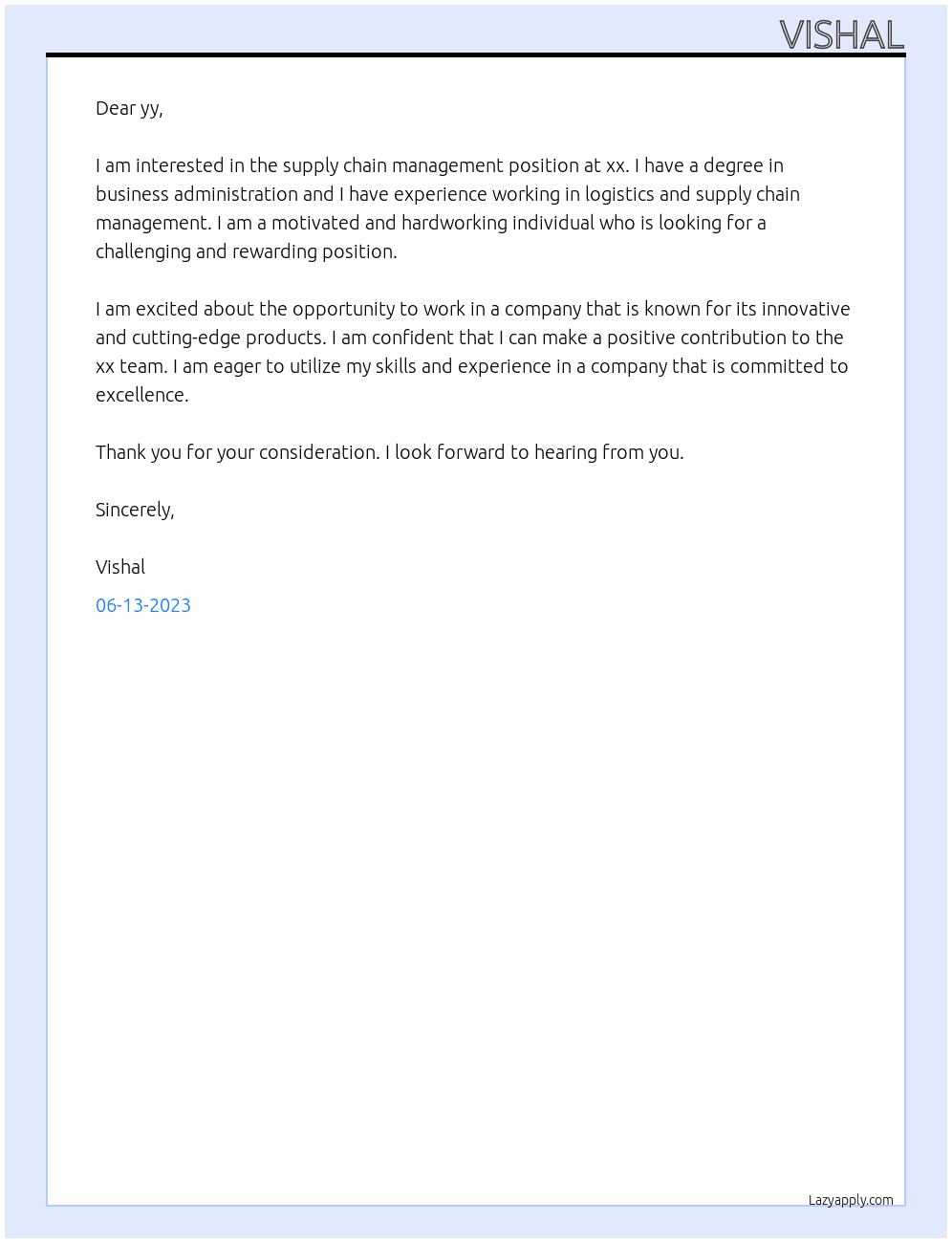 supply  chain management  At xx Cover Letter
