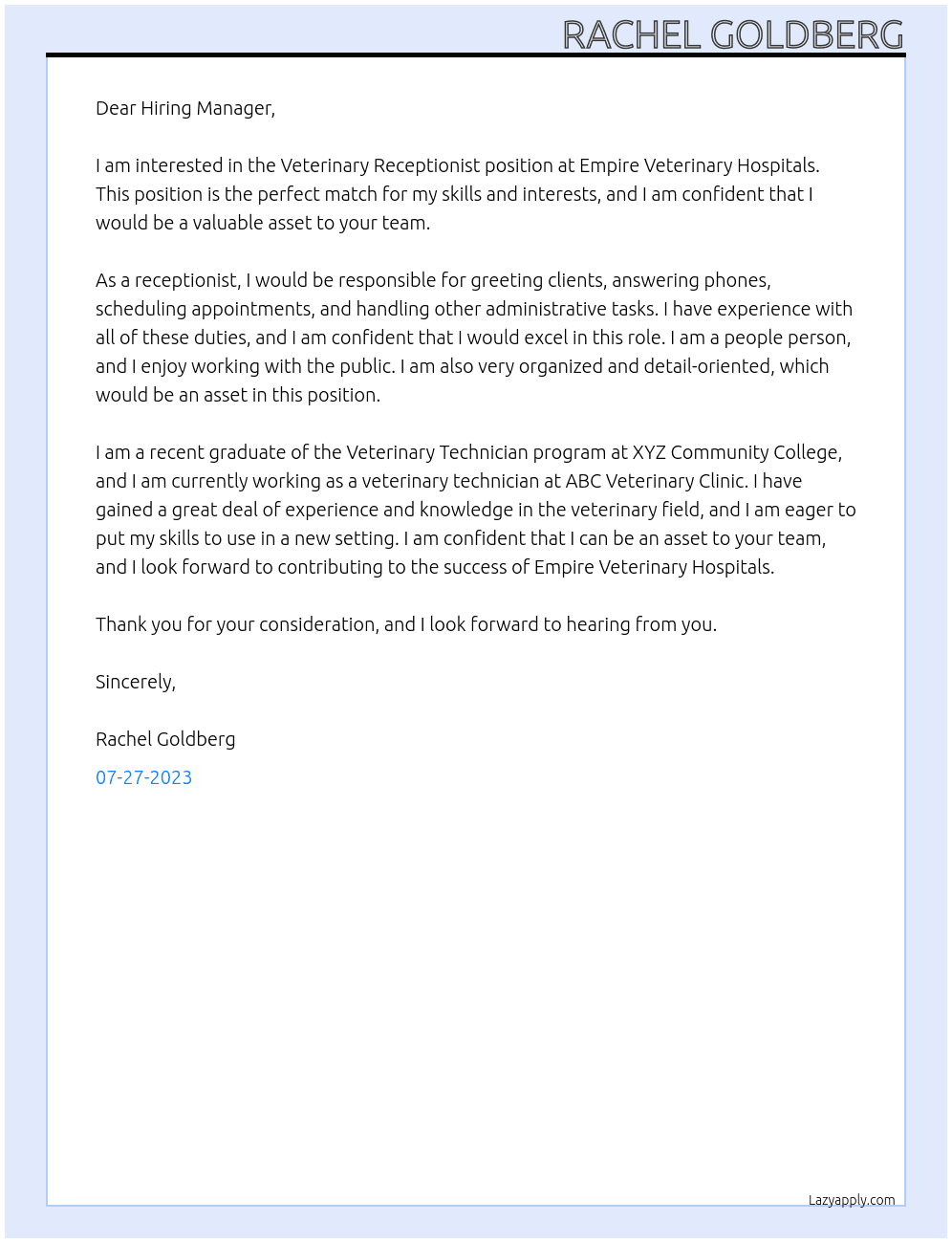 Veterinary Receptionist At Empire Veterinary Hospitals Cover Letter