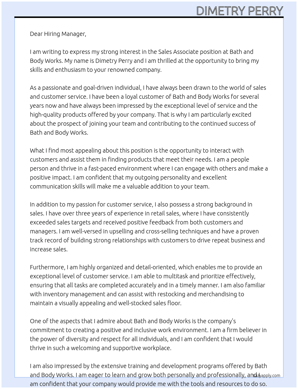 Sales associate At Bath and body works  Cover Letter