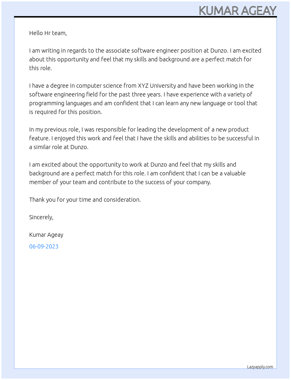 associate software engineer At Dunzo Cover Letter