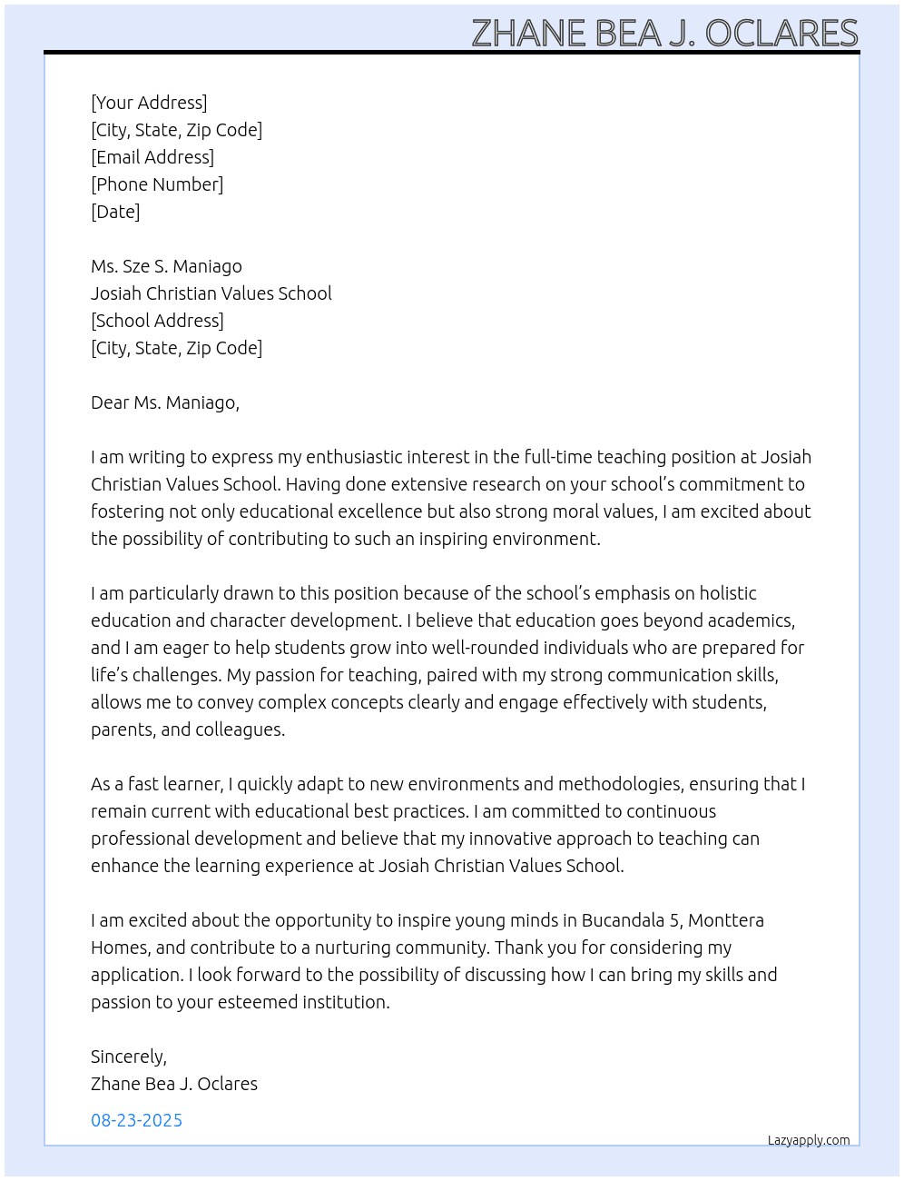 teacher At Josiah Christian Values School Cover Letter