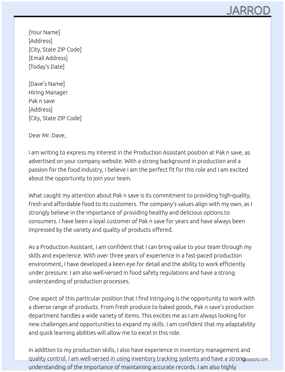 production assistant  At Pak n save Cover Letter