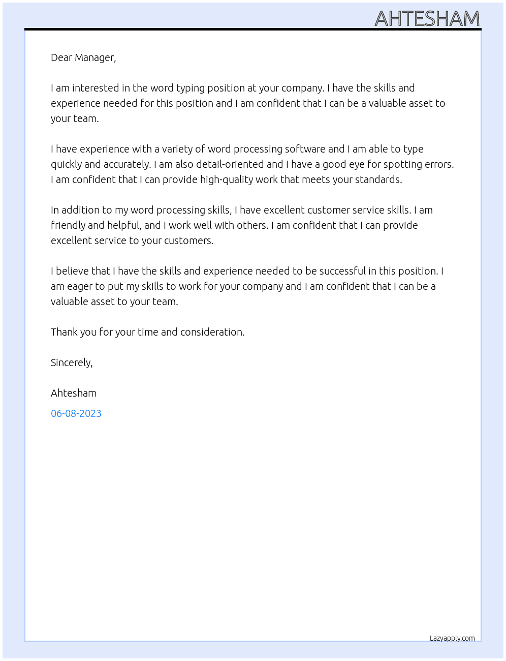 Word typing At Word typing Cover Letter
