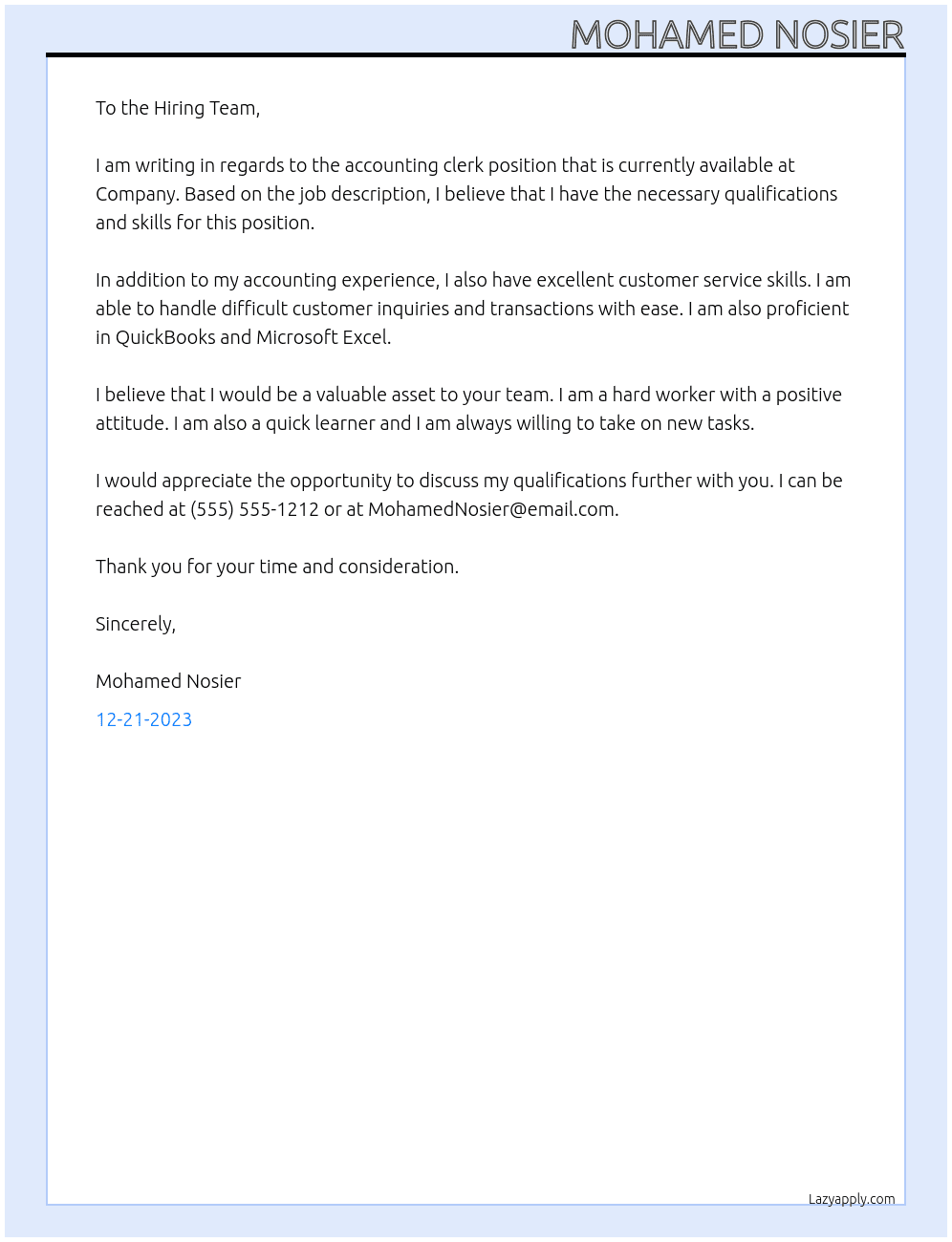 Accounting clerk  At Company Cover Letter