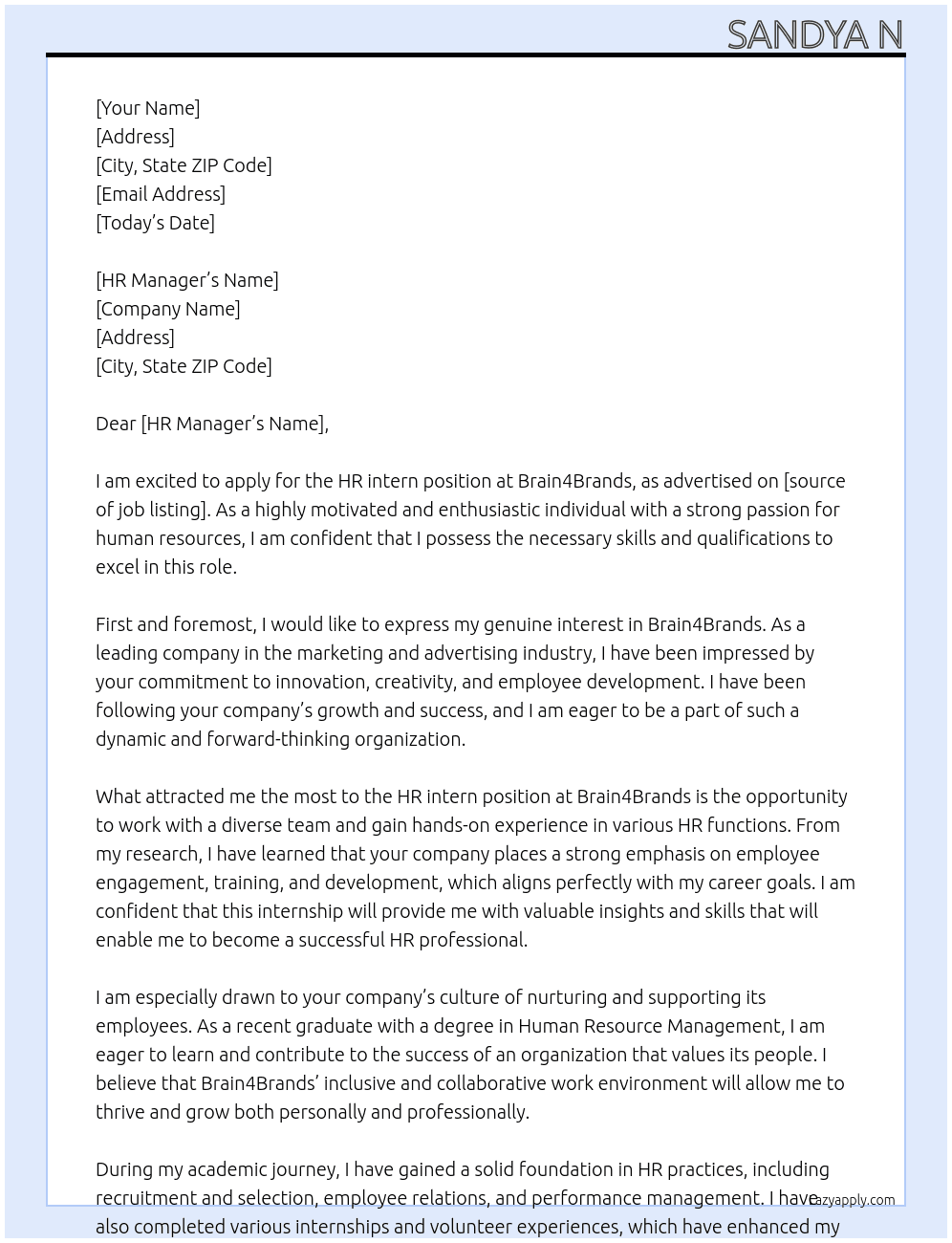 HR intern At Brain4Brands Cover Letter