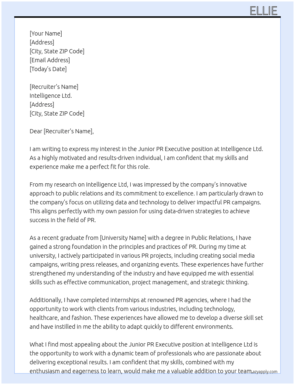 junior pr executive At intelligance ltd Cover Letter