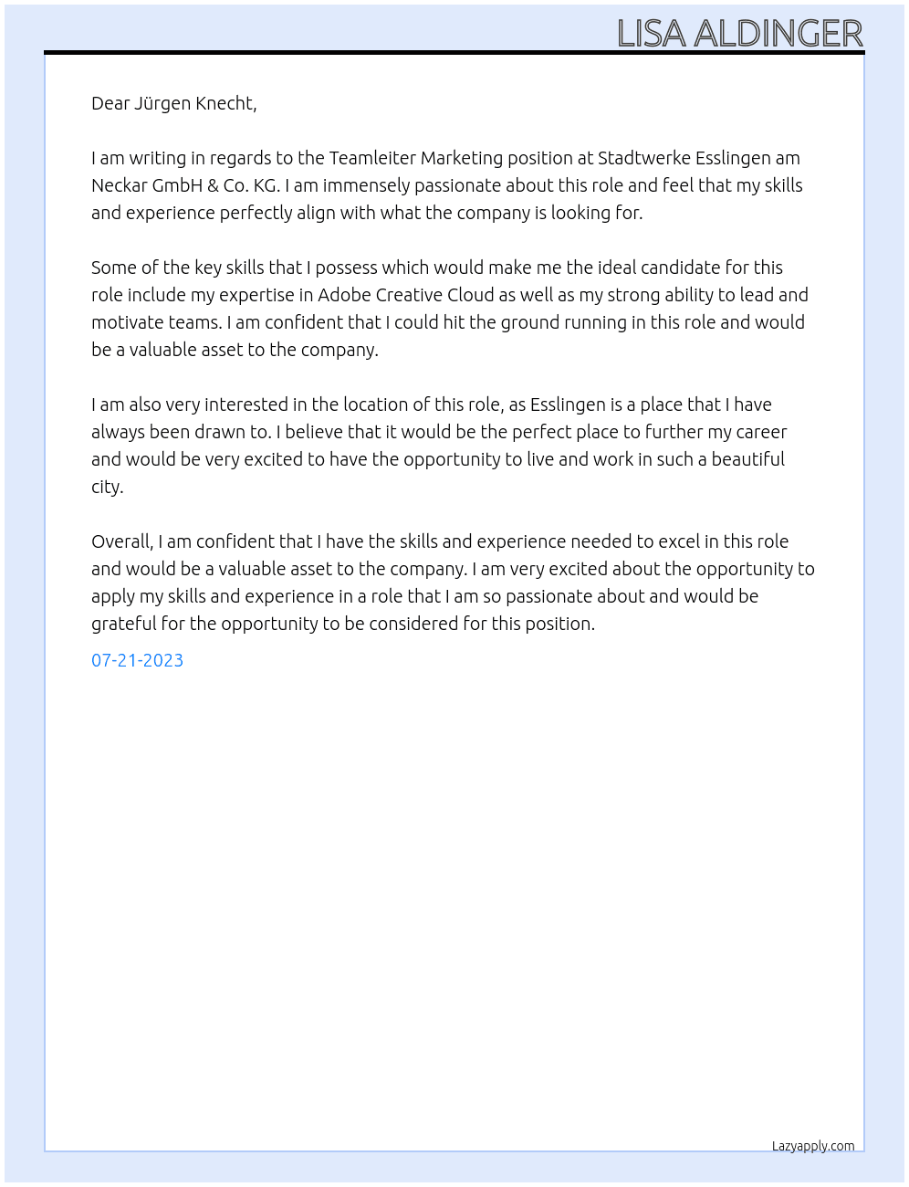 Teamleiter Marketing At Stadtwerke Esslingen am Neckar GmbH & Co. KG Cover Letter