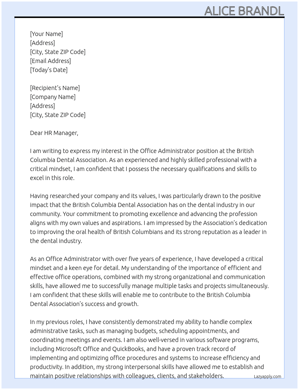 Office Administrator At British Columbia Dental Association Cover Letter