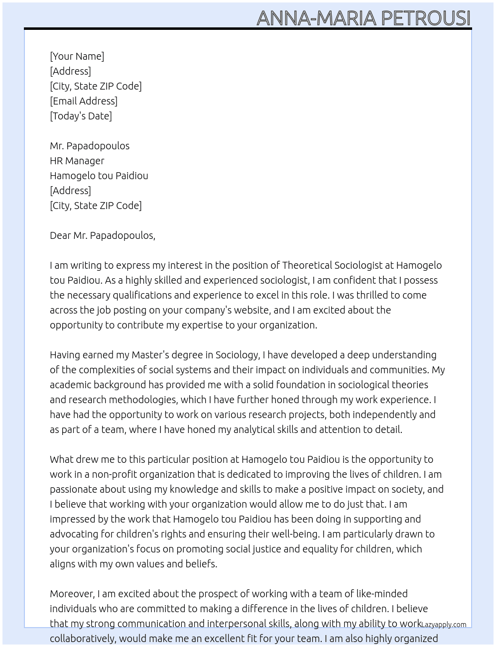 Theoretical Sociologist At Hamogelo tou Paidiou  Cover Letter