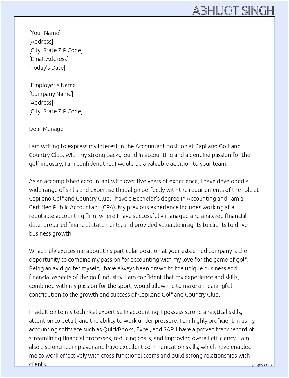 Accountant At Capilano Golf and Country Club Cover Letter