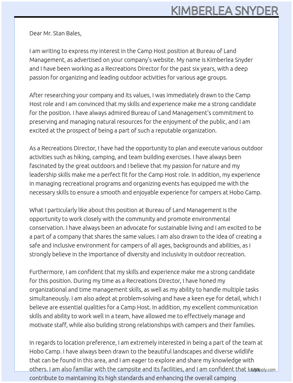 Camp Host At Buraeu of Land Management Cover Letter