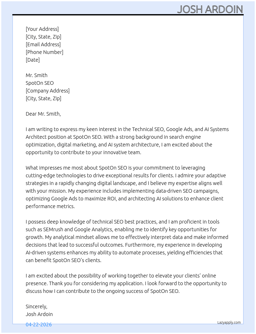Technical SEO, Google Ads, AI Systems Architect  At SpotOn SEO Cover Letter