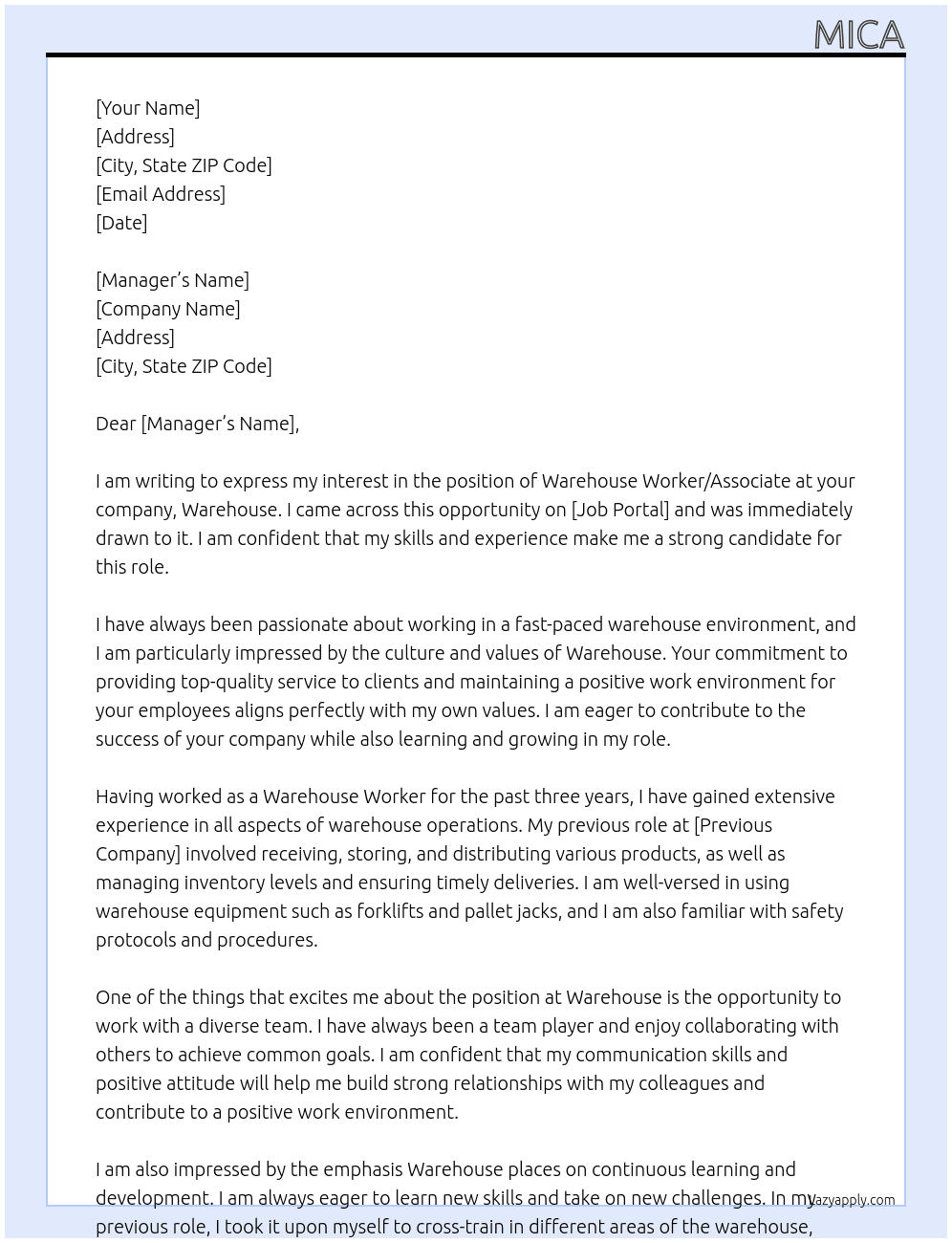 Warehouse Worker/ Associate At Warehouse Cover Letter