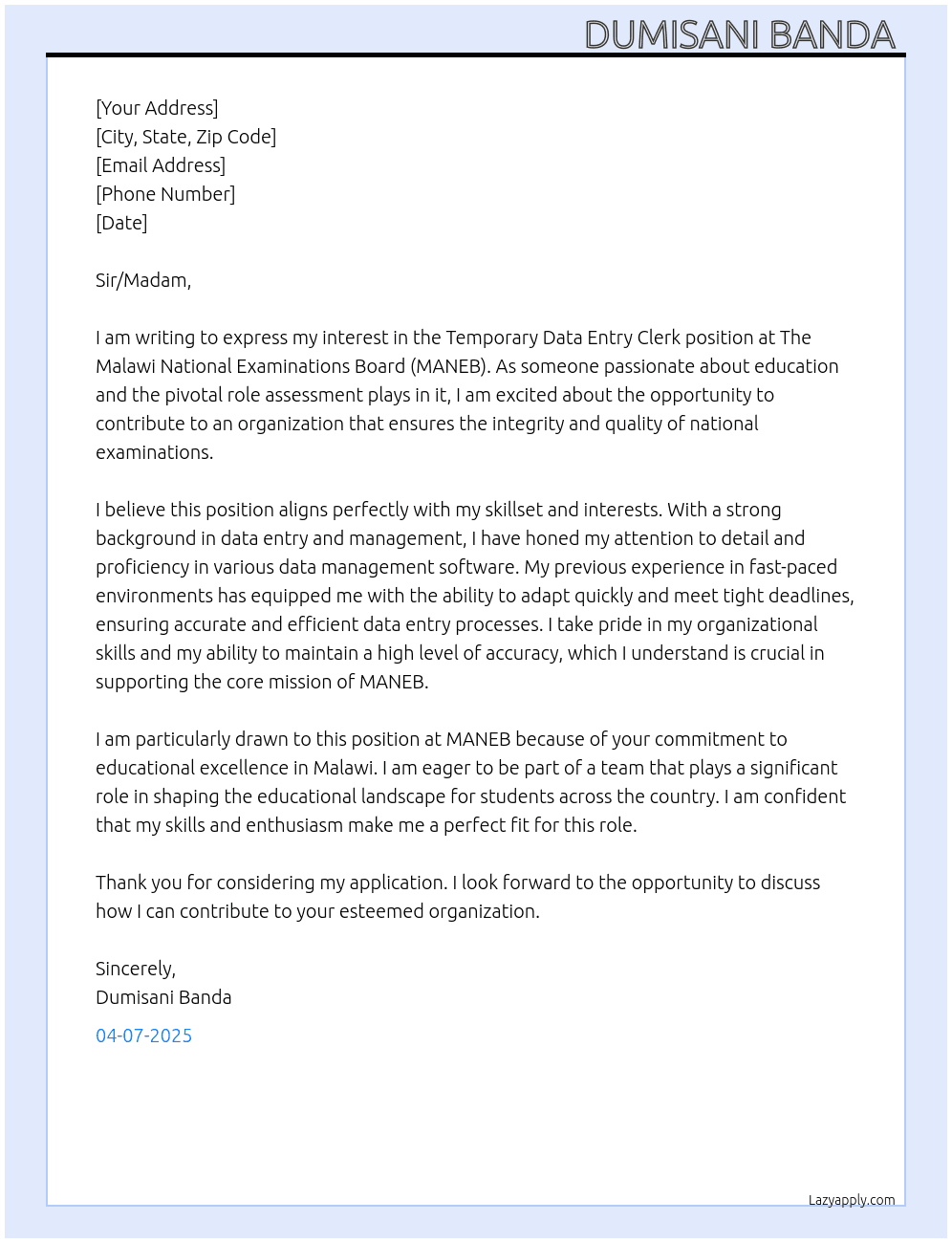 TEMPORARY DATA ENTRY CLERKS At THE MALAWI NATIONAL EXAMINATIONS BOARD (MANEB) Cover Letter