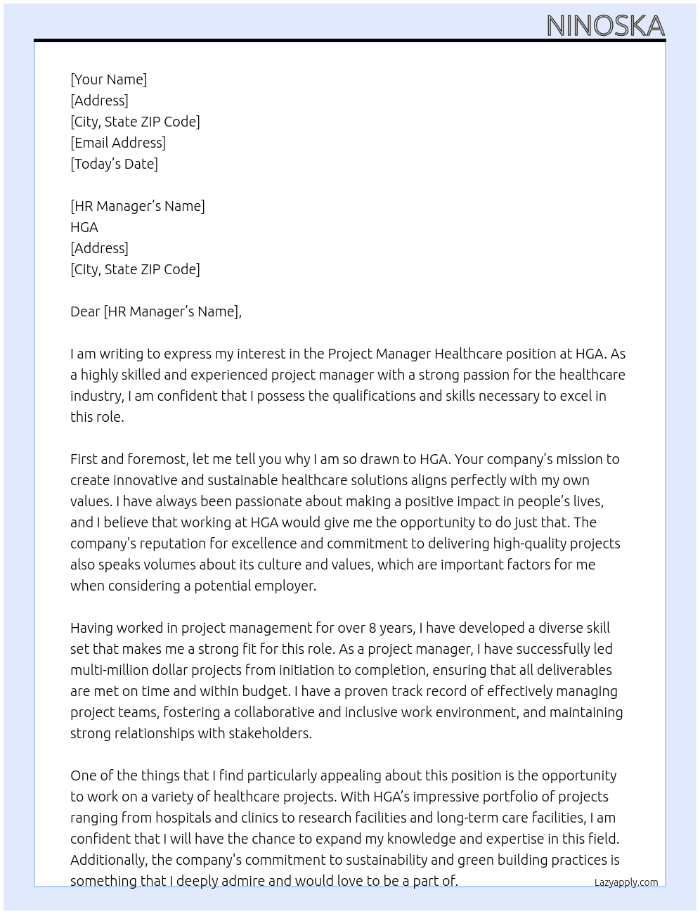 project manager healthcare At HGA Cover Letter