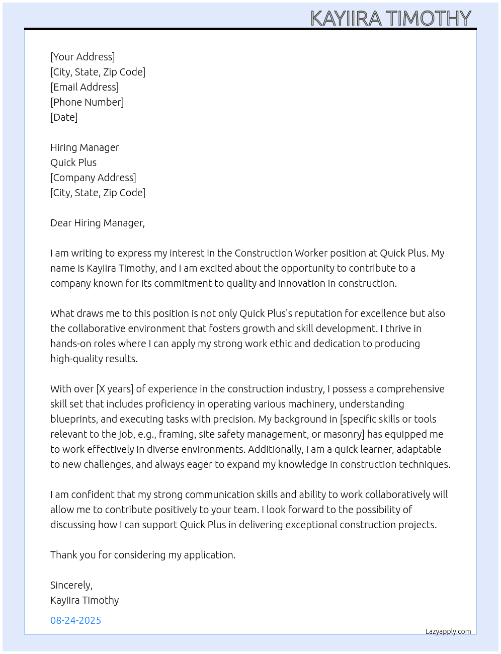 Cover letter for generally construction worker - LazyApply