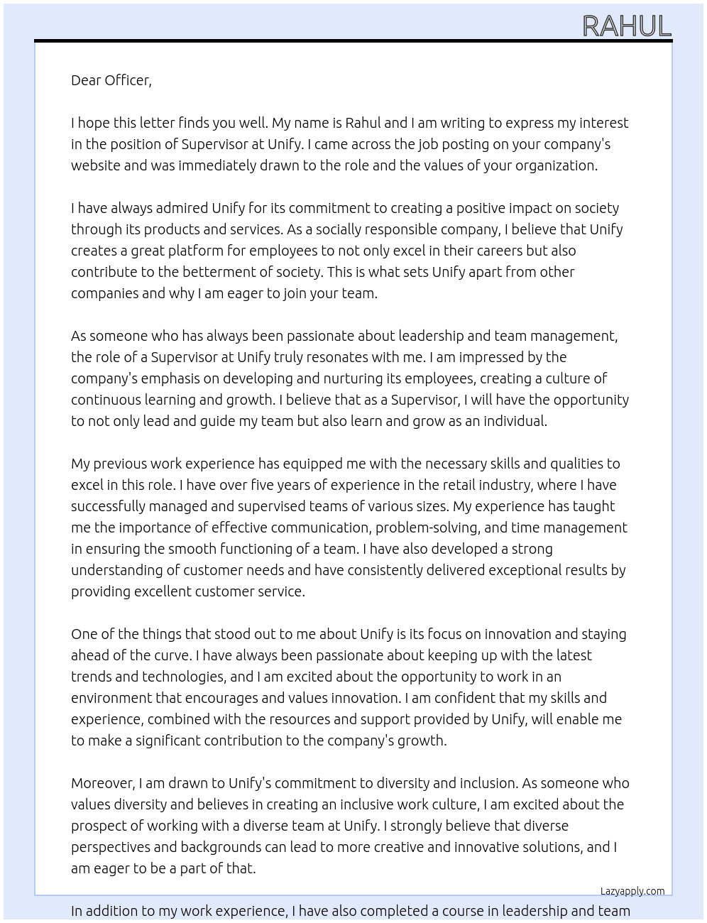 superviser At unify Cover Letter