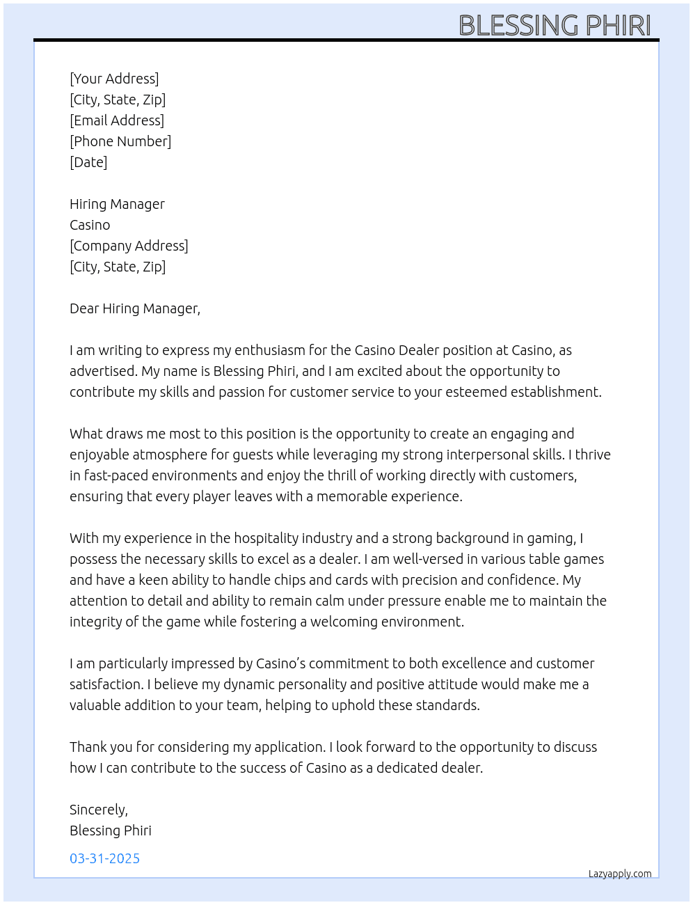 Casino dealer At Casino  Cover Letter