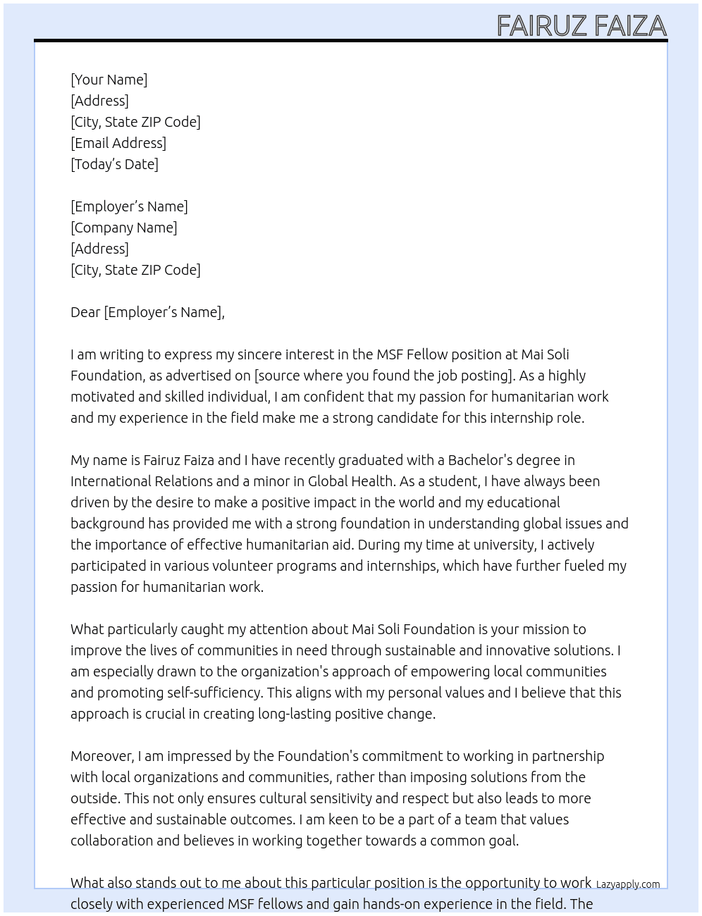MSF fellow At  Mai Soli Foundation  Cover Letter