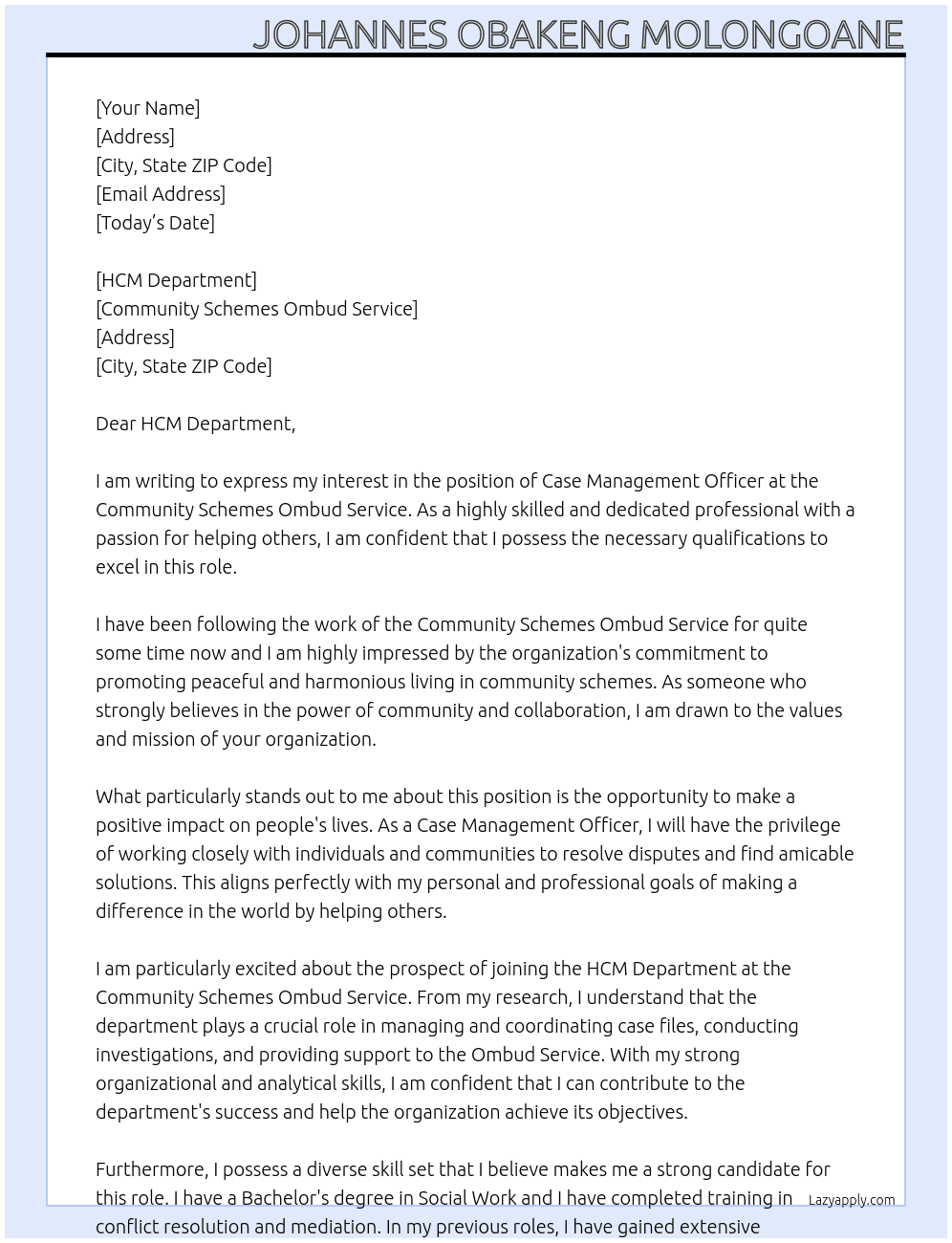 CASE MANAGEMENT OFFICER At COMMUNITY SCHEMES OMBUD SERVICE Cover Letter