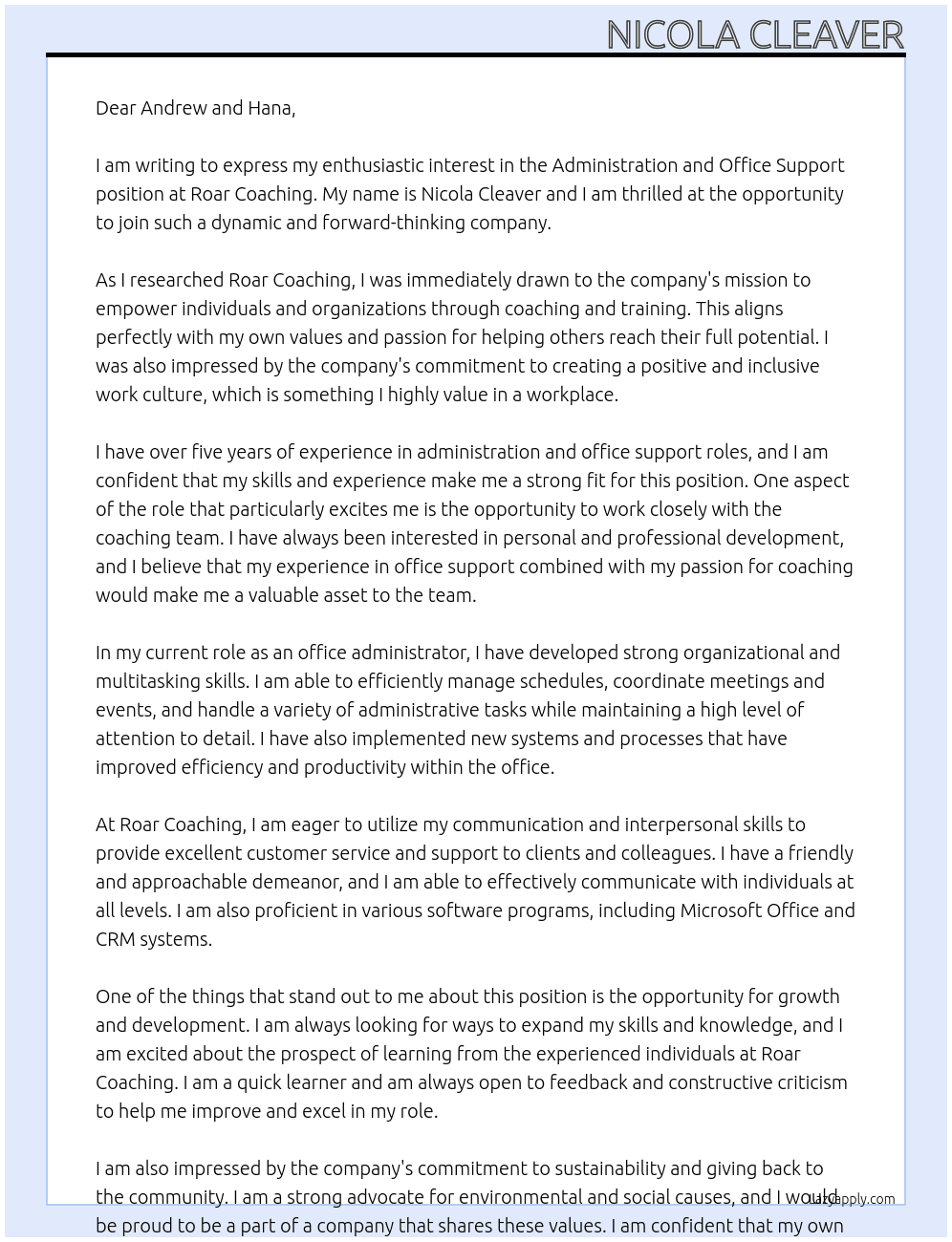 Cover letter for administration and office support - LazyApply