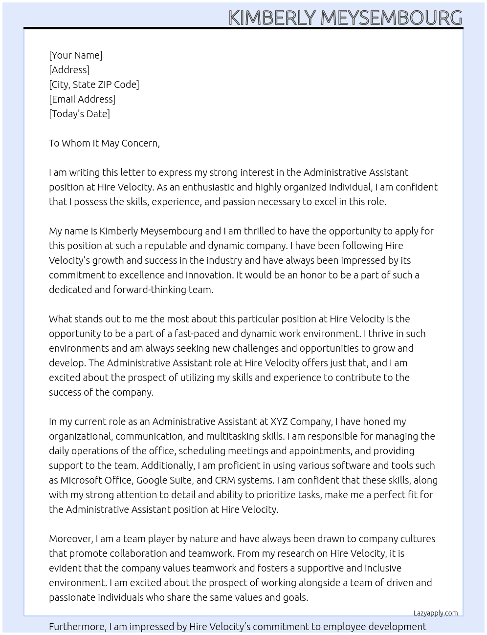 Administrative Assistant  At Hire Velocity Cover Letter