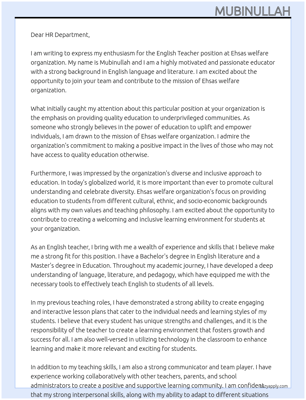 English Teacher At Ehsas welfare organization Cover Letter