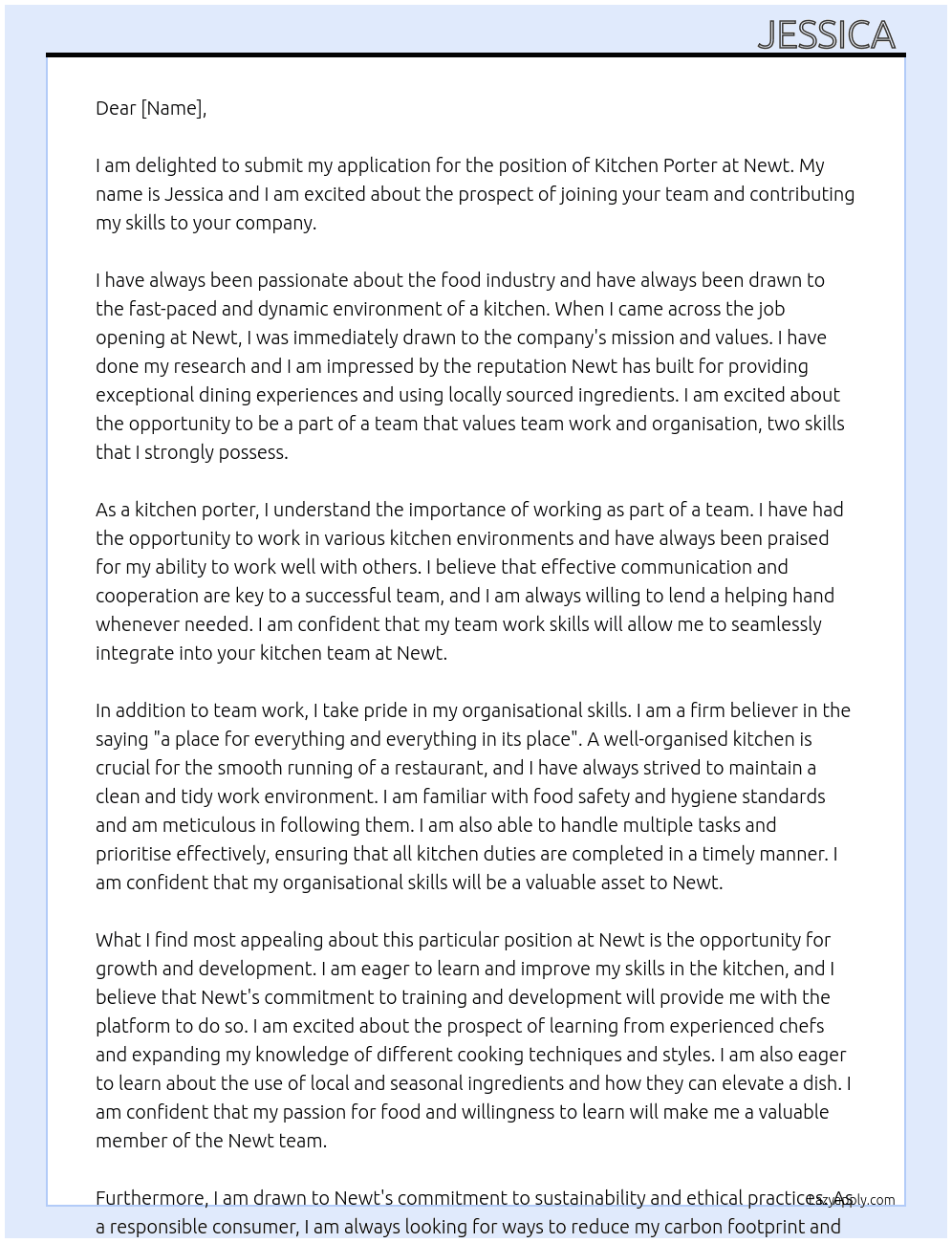 kitchen porter  At newt  Cover Letter