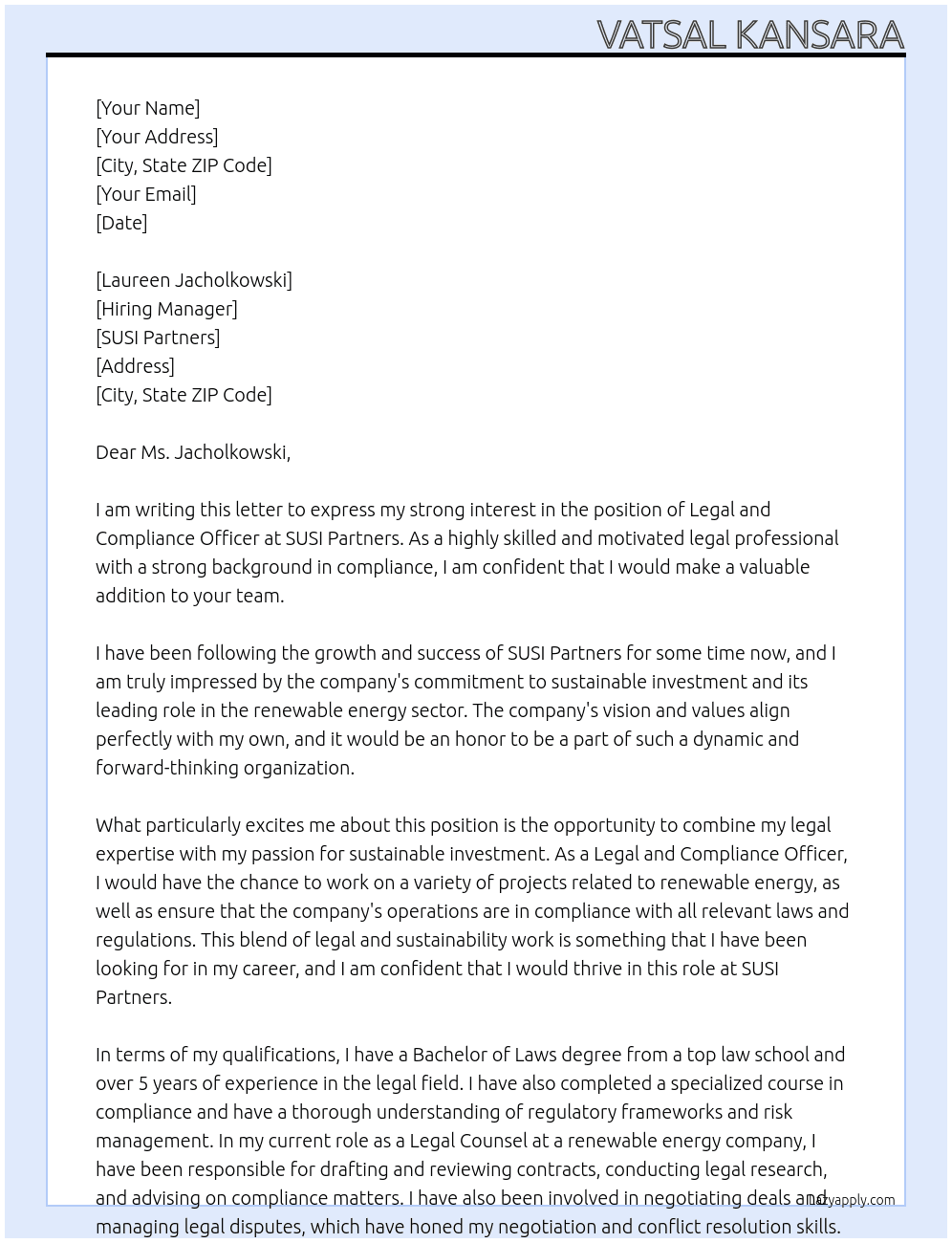 Legal and Compliance Officer At SUSI Partners  Cover Letter