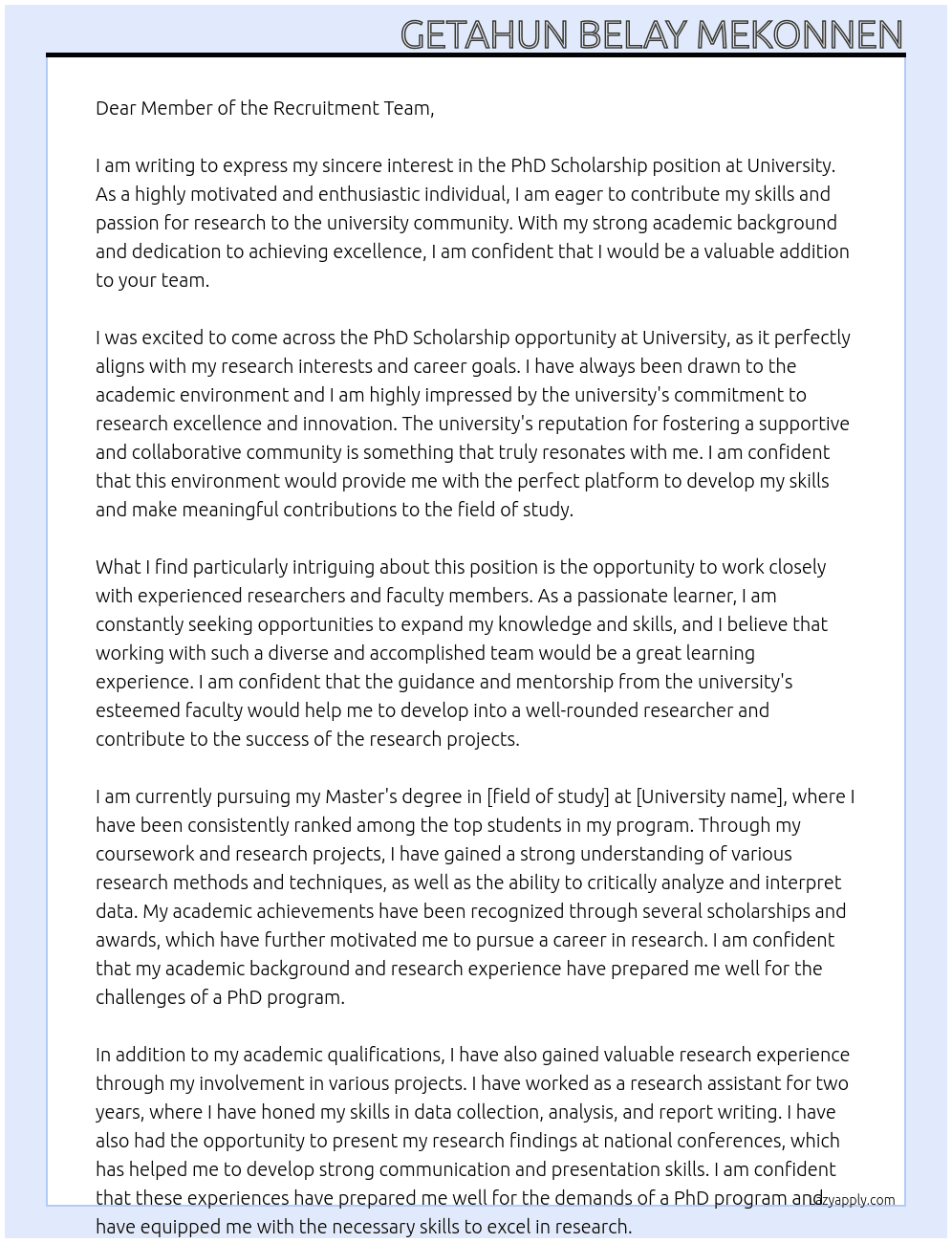 PhD Scholarship At University Cover Letter