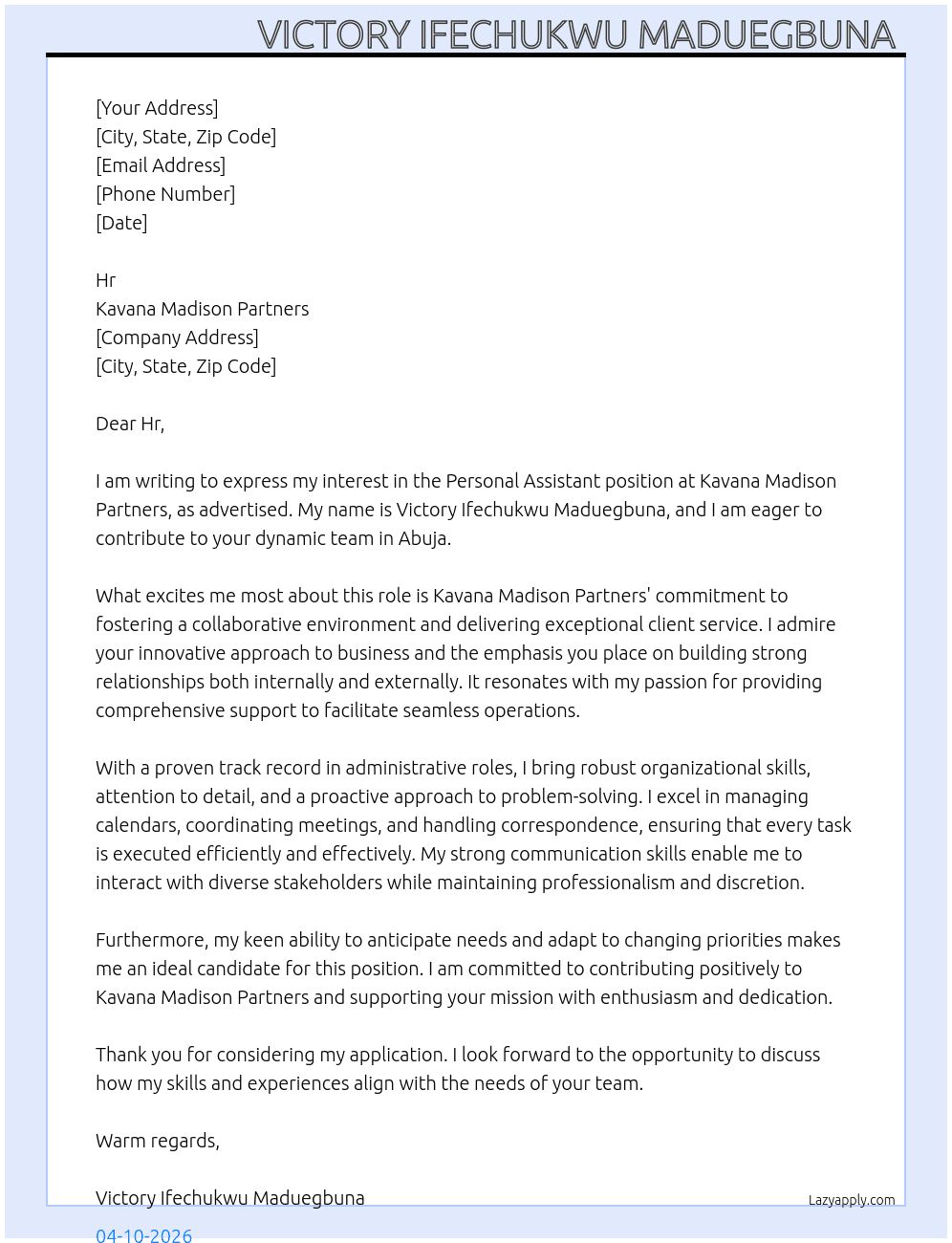 Personal assistant At Kavana Madison partners Cover Letter