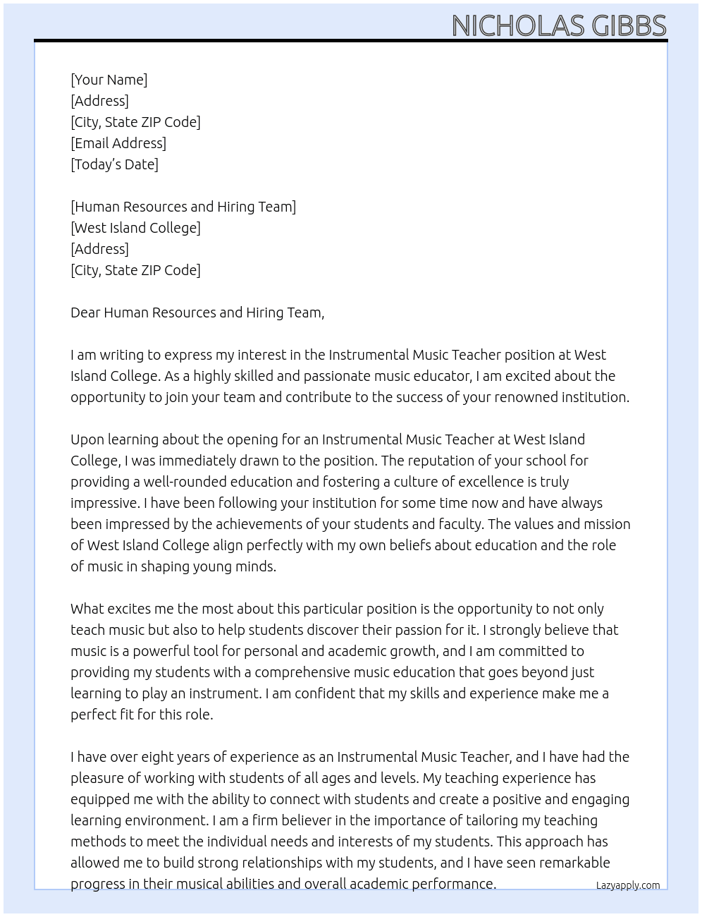 Instrumental Music Teacher At West Island College Cover Letter