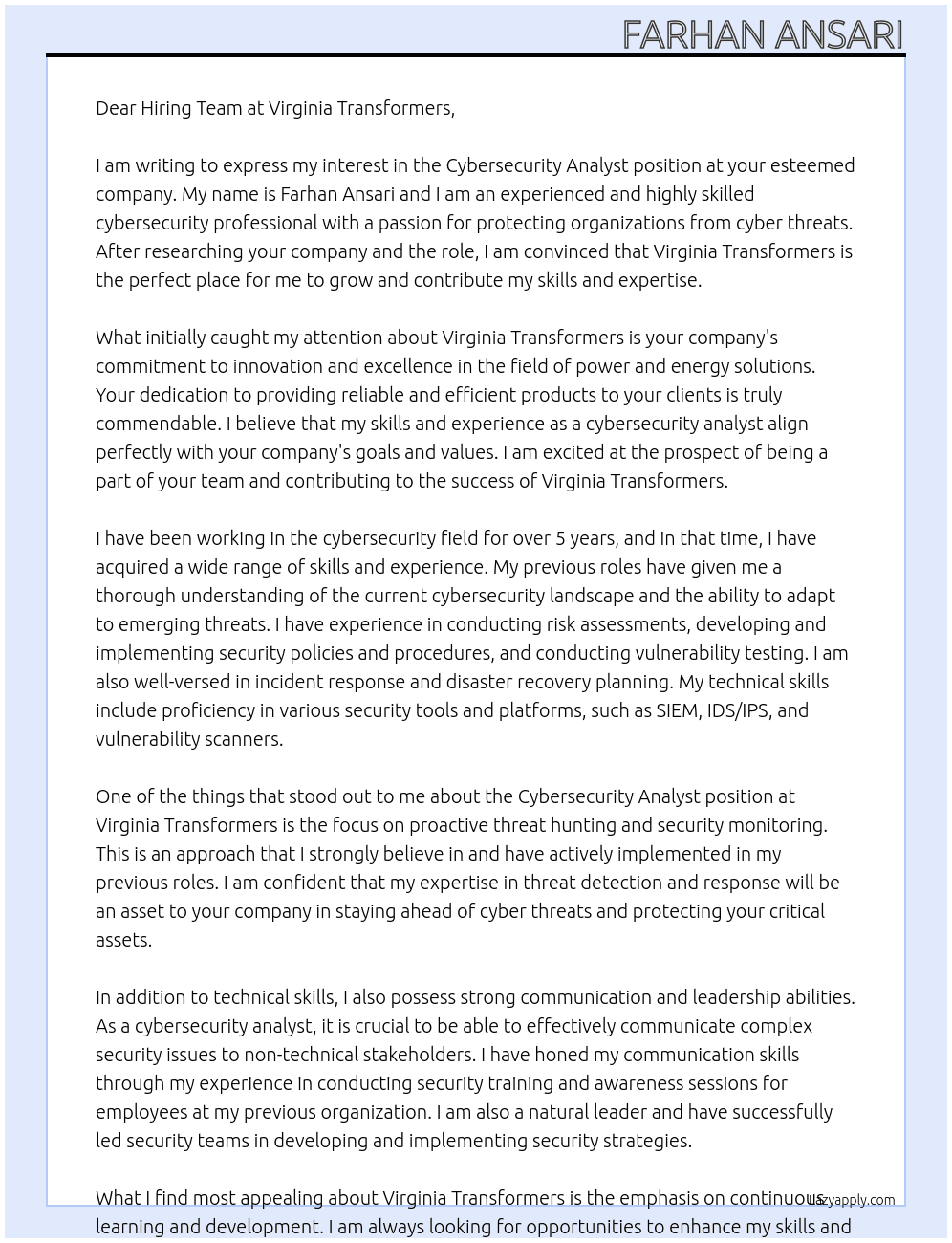 Cybersecurity Analyst At Virginia Transformers Cover Letter